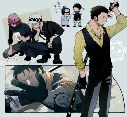  3boys ? arm_tattoo beanie black_gloves black_hair black_pants black_shirt black_sweater black_vest chest_tattoo collarbone commentary_request earrings facial_hair gloves hair_slicked_back hat heart_pirates_jolly_roger holding holding_sword holding_weapon jewelry jumpsuit kiyoshita male_focus multiple_boys multiple_views one_piece pants penguin_(one_piece) shachi_(one_piece) shirt squatting sunglasses sweater sword tattoo trafalgar_law translation_request vest weapon white_hat yellow_shirt 