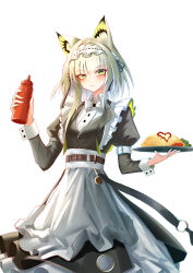  1girl absurdres animal_ear_fluff animal_ears apron arknights belt belt_buckle black_dress bottle bow bowtie brown_belt buckle cat_ears cat_girl chinese_commentary closed_mouth commentary_request dress enmaided food frills green_eyes grey_hair highres holding holding_bottle holding_plate juliet_sleeves kal'tsit_(arknights) kal'tsit_(the_remains_of_time)_(arknights) ketchup ketchup_bottle lalalala113sj long_hair long_sleeves looking_at_viewer maid official_alternate_costume omelet plate puffy_sleeves simple_background sleeve_belt sleeve_garter solo traditional_bowtie white_apron white_background white_belt white_bow white_bowtie 