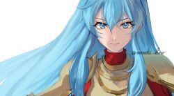 1girl aqua_eyes aqua_hair armor breastplate closed_mouth commentary_request eirika_(fire_emblem) fire_emblem fire_emblem:_the_sacred_stones hair_between_eyes highres long_hair looking_at_viewer nanashi_kuno pauldrons red_shirt shirt shoulder_armor sidelocks solo twitter_username upper_body white_background 