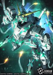  commentary_request copyright_logo copyright_name copyright_notice dai-xt from_above funnels_(gundam) glowing glowing_eyes green_eyes gundam gundam_card_game gundam_unicorn light_particles logo mecha mecha_focus missile mobile_suit no_humans nt-d official_art psycho_frame robot science_fiction shield solo space unicorn_gundam v-fin 