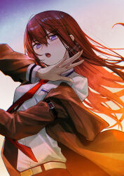  1girl arm_belt belt black_shorts blush brown_jacket collared_shirt commentary_request double-parted_bangs hair_between_eyes hand_up highres jacket long_hair long_sleeves makise_kurisu necktie open_mouth purple_trim red_hair red_necktie science_adventure shirase_rin shirt shirt_tucked_in shorts simple_background solo steins;gate steins;gate_0 upper_body violet_eyes white_belt white_shirt 