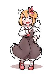  1girl ^^^ black_skirt black_vest blonde_hair bow collared_shirt commentary_request full_body hair_bow highres long_sleeves looking_at_viewer mary_janes medium_hair necktie open_mouth pantyhose red_bow red_necktie red_shoes roco_(katsuya1011) rumia shirt shoes skirt skirt_set solo surprised touhou translation_request vest white_pantyhose white_shirt 