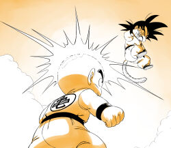  amayuki318 bald belt black_belt closed_eyes clouds cloudy_sky commentary_request dougi dragon_ball dragon_ball_(classic) duel from_behind from_below gradient_background highres jumping kuririn monkey_tail open_mouth orange_background partially_colored shining sky sleeveless smile son_goku tail thick_eyebrows wristband 