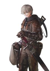  1boy absurdres armor bag belt black_hood breastplate bright_pupils brown_bag brown_belt brown_pants chainmail closed_mouth commentary_request couter cowboy_shot crossbow fantasy gambeson gauntlets grey_bag grey_hair hair_between_eyes hands_up highres holding holding_bag holding_sword holding_weapon jun_(navigavi) korean_commentary light_smile looking_at_viewer making-of_available male_focus nose original pants ribbed_shirt scabbard sheath sheathed shirt short_hair shoulder_bag simple_background solo sword turtleneck turtleneck_shirt waist_bag weapon weapon_on_back white_background white_pupils yellow_eyes 