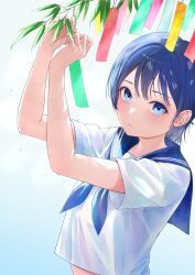  1girl arms_up blue_eyes blue_hair blue_sailor_collar blush chinese_commentary closed_mouth commentary expressionless haru_x_hop highres looking_at_viewer midriff_peek original sailor_collar sailor_shirt school_uniform serafuku shirt short_hair short_sleeves solo tanabata upper_body water_drop white_shirt 