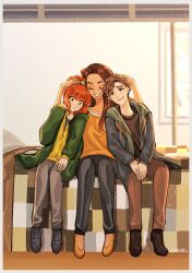  1boy 2girls absurdres bed brown_hair candel645 commentary crying denim english_commentary highres hood hoodie hug jacket jean_grey jeans long_hair marvel may_parker multiple_girls orange_hair pants peter_parker red_hair short_hair smile spider-man:_brand_new_day spider-man_(series) spoilers tears x-men 