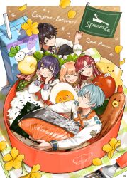  2boys 3girls :d absurdres anniversary black_hair black_pants blue_hair box check_flower cherry_tomato closed_eyes commentary copyright_name drink_carton eating flag flower flower_request food food_art fork gloves group_name ha_nonbiri highres holding holding_flag in_box in_container juice_box knees_up long_hair lunchbox multicolored_hair multiple_boys multiple_girls nagisa_trout nagisa_trout_(1st_costume) nanase_suzuna nanase_suzuna_(1st_costume) neckerchief nijisanji orange_hair orange_neckerchief pants purple_hair purple_streaks red_hair red_neckerchief rice sakayori_soma sakayori_soma_(1st_costume) salad salmon saotome_berry saotome_berry_(1st_costume) shirt short_hair sitting smile speciale_(nijisanji) streaked_hair tako-san_wiener tamamo_kirara tomato virtual_youtuber white_gloves white_shirt white_streaks yellow_eyes yellow_flower 