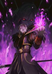  1boy absurdres belt blonde_hair brown_belt character_background coat collared_coat collared_jacket commentary_request covered_mouth cowboy_shot cropped_jacket demon_boy dragon_quest dragon_quest_xi fantasy feather_coat fire glowing glowing_eyes hair_between_eyes hand_up highres holding holding_polearm holding_weapon homeros_(dq11) jacket jun_(navigavi) korean_commentary lips looking_at_viewer looking_to_the_side making-of_available male_focus nose official_alternate_costume open_clothes open_jacket parted_lips pointy_ears polearm puff_and_slash_sleeves puffy_sleeves purple_coat purple_fire purple_jacket purple_theme pyrokinesis red_eyes red_nails short_hair striped_sleeves weapon 