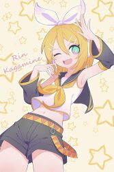  1girl absurdres aqua_eyes arm_up armpits belt black_sailor_collar black_shorts black_sleeves blonde_hair bow breasts character_name commentary_request detached_sleeves hair_bow hair_ornament hairclip headphones highres kagamine_rin midriff navel neckerchief nishitin one_eye_closed open_mouth parallel_hairclips sailor_collar shirt short_hair shorts sleeveless sleeveless_shirt small_breasts star_(symbol) star_symbol_background vocaloid white_bow white_shirt yellow_belt yellow_neckerchief yellow_trim 