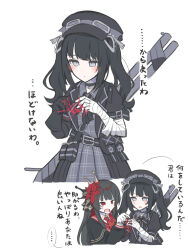  2girls ammunition_pouch arm_belt asymmetrical_gloves bandaged_arm bandaged_hand bandages black_capelet black_choker black_coat black_dress black_gloves black_hair black_hat black_ribbon black_shirt capelet choker closed_mouth coat collared_dress collared_shirt crown dress flower gloves goggles goggles_on_headwear grey_eyes gun hair_flower hair_ornament hat highres holding holding_string kurobe_nanoka long_hair long_sleeves mahou_shoujo_no_majo_saiban mini_crown mirufu multiple_girls multiple_views neck_ribbon necktie nikaido_hiro open_mouth plaid_clothes plaid_dress pouch red_eyes red_flower red_necktie ribbon rifle shirt side_capelet simple_background string translation_request twintails weapon white_background white_gloves white_shirt 