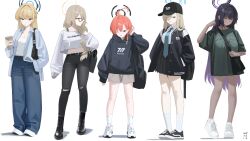  5girls absurdres ahoge akane_(blue_archive) alternate_costume asuna_(blue_archive) bag baseball_cap black_bag black_boots black_hair black_halo black_hat black_hoodie black_jacket black_pants black_skirt black_socks blonde_hair blue_archive blue_eyes blue_halo blue_jacket blue_pants blush boots braid brown_eyes brown_hair brown_shorts casual chinese_commentary cleaning_&amp;_clearing_(blue_archive) closed_mouth collared_shirt colored_inner_hair commentary_request cropped_shirt cup dark-skinned_female dark_skin denim disposable_coffee_cup disposable_cup expressionless full_body glasses green_shirt grin hair_over_one_eye hair_over_shoulder halo hand_in_pocket hands_in_pockets hat highres holding holding_bag holding_cup hood hoodie jacket jeans karin_(blue_archive) letterman_jacket long_hair long_sleeves looking_at_viewer looking_to_the_side multicolored_hair multicolored_jacket multiple_girls neru_(blue_archive) no_pants one_eye_closed oversized_clothes pants pleated_skirt profile purple_hair purple_halo red_eyes red_hair shirt shoes short_hair short_shorts short_sleeves shorts shoulder_bag single_braid skirt smile sneakers socks t-shirt toki_(blue_archive) torn_clothes torn_pants ttt_(5274293) two-tone_hair two-tone_jacket very_long_hair white_background white_shirt white_shoes white_sleeves white_socks yellow_eyes yellow_halo 