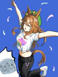  1girl animal_ears black_pants blue_background borrowed_character bow breasts brown_hair commentary_request crop_top denim ear_bow genderswap genderswap_(mtf) gintama gold_ship_(umamusume) hat heogol highres horse_ears horse_girl jeans jumping just_a_way_(racehorse) justaway korean_commentary long_hair long_sleeves medium_breasts original pants personification solo tail uma_summer_(umamusume) umamusume white_hair 
