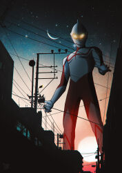  1boy absurdres alien battywanderer black_sky building colored_skin commentary compound_eyes crescent_moon dorsal_fin english_commentary feet_out_of_frame from_below giant giant_male glowing glowing_eyes gradient_sky head_down highres lamppost legs_apart looking_down male_focus moon multicolored_skin night outdoors pectorals power_lines red_skin shin_ultraman silver_skin sky solo standing star_(sky) starry_sky sunset tokusatsu toned toned_male town two-tone_skin ultra_series ultraman ultraman_(shin) yellow_eyes 