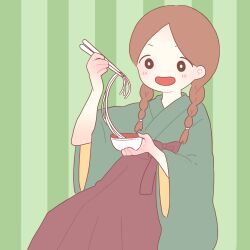  1girl :d blush bowl braid bright_pupils brown_eyes brown_hair chopsticks commentary_request cowboy_shot food green_background green_kimono hakama hakama_skirt highres holding holding_bowl holding_chopsticks japanese_clothes kimono long_hair long_sleeves nishida_yume noodles open_mouth original parted_bangs red_hakama skirt smile solo striped_background twin_braids v-shaped_eyebrows vertical-striped_background white_pupils wide_sleeves 