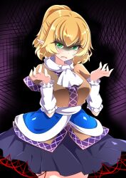  1girl absurdres arm_warmers black_skirt blonde_hair breasts combat2000_(kuroneko) commentary_request green_eyes highres looking_at_viewer mizuhashi_parsee open_mouth partially_shaded_face pointy_ears scarf skirt solo touhou v-shaped_eyebrows white_scarf 