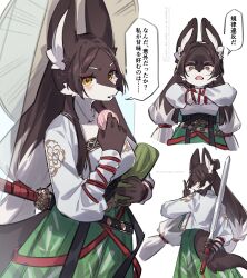  1girl absurdres animal_ear_fluff animal_ears blunt_tresses blush body_fur breasts brown_fur brown_hair clothing_request commentary_request crossed_arms food fox_ears fox_girl fox_tail furry furry_female hat highres holding holding_food holding_weapon kawarage_yatano long_sleeves looking_at_viewer low_twintails mochi multiple_views open_mouth original rice_hat sword tail translation_request twintails weapon white_background yellow_eyes 