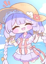  1girl absurdres blue_sky bow braid chibi chibi_only closed_eyes commentary_request fewer_digits frilled_shirt frilled_skirt frills hat highres mikeneko_(mikene_koko) navel orange_bow purple_shirt purple_skirt red_bow shirt skirt sky smile standing standing_on_one_leg straw_hat sun sun_hat sunlight trickcal twin_braids twintails water yomi_(trickcal) 