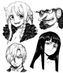  2boys 2girls absurdres curly_eyebrows facial_hair goatee greyscale hair_over_one_eye highres liyart long_hair monochrome multiple_boys multiple_girls mustache_stubble nami_(one_piece) nico_robin one_piece portrait sanji_(one_piece) simple_background smile stubble upper_body usopp white_background 