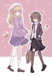  2girls absurdres alternate_costume ankle_socks arster asymmetrical_sidelocks bag black_jacket black_shoes black_skirt black_socks blush brown_bag brown_hair brown_shoes cake cake_slice closed_mouth coffee_mug collared_shirt commentary_request cup english_text food four-pointed_star full_body hand_in_pocket hat highres jacket kneehighs long_hair long_sleeves maribel_hearn medium_hair mob_cap mug multiple_girls necktie outline pink_background pink_shirt purple_skirt red_necktie saucer shirt shoelaces shoes sidelocks skirt sleeves_past_wrists smile socks standing star-shaped_pupils star_(symbol) symbol-shaped_pupils touhou usami_renko violet_eyes white_hat white_outline white_shirt white_socks 