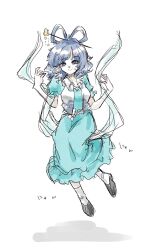  1girl aqua_dress black_shoes blue_eyes blue_hair closed_mouth commentary_request dress drill_hair drill_sidelocks full_body hagoromo hair_ornament hair_rings hair_stick highres kaku_seiga liver017 looking_at_viewer medium_hair open_clothes open_vest puffy_short_sleeves puffy_sleeves shawl shoes short_sleeves sidelocks simple_background sketch smile socks solo touhou translation_request vest white_background white_shawl white_socks white_vest 