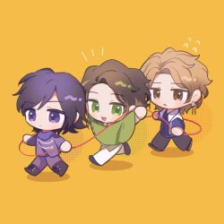  3boys alain_(kamen_rider_ghost) animification boots brown_eyes brown_hair character_request chase_(kamen_rider_drive) chibi closed_mouth commentary curtained_hair earrings english_commentary full_body green_eyes highres in-franchise_crossover jewelry kamen_rider kamen_rider_drive_(series) kamen_rider_gavv_(series) kamen_rider_ghost_(series) lakia_amarga looking_at_viewer male_focus multiple_boys notice_lines open_mouth orange_background pants purple_hair purple_pants short_hair simple_background single_earring smile string tristia_(renixxxxv) violet_eyes 
