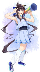  1girl :3 absurdres ahoge animal_ears aqua_nails aqua_shirt aqua_skirt armpits black_bodystocking black_hair blue_eyes blue_shoes blush cheerleader commentary_request covered_navel cropped_shirt gasatsuneo hair_between_eyes hands_up highres holding holding_megaphone holding_pom_poms horse_ears horse_girl horse_tail jersey leg_warmers long_hair megaphone mole mole_under_eye multicolored_hair nail_polish one_ear_down one_eye_closed open_mouth pleated_skirt pom_pom_(cheerleading) shirt shoes single_hair_intake skirt sleeveless_bodystocking smile solo standing tail umamusume very_long_hair vivlos_(umamusume) w weapon white_hair white_leg_warmers 