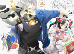  1boy 1girl absurdres acheki alternate_costume bag banyue_(zenless_zone_zero) black_hair black_pants black_tank_top blue_jacket blue_shorts blush braid braided_twintails clothed_robot commentary corded_phone dated dialyn_(zenless_zone_zero) english_commentary fishnet_pantyhose fishnets grey_background grey_hair hair_ornament highres holding holding_bag holding_phone humanoid_robot jacket long_hair multicolored_hair open_mouth panda_hair_ornament pants pantyhose phone pink_shirt robot robot_boy shirt shopping_bag shorts speech_bubble split-color_hair spoken_thumbs_up star_(symbol) sweat tank_top white_hair white_jacket yellow_eyes zenless_zone_zero 