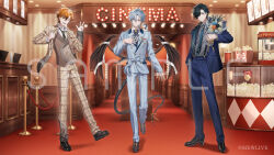  3boys :d ;d adjusting_clothes ahoge animal animal_on_shoulder arm_at_side azuma_hatori baby's-breath black_flower black_hair black_necktie black_rose black_shoes blue_eyes blue_flower blue_hair blue_jacket blue_pants blue_rose blue_streaks blue_suit bouquet brown_jacket brown_pants brown_shoes brown_suit brown_vest buttons ceiling_light closed_mouth clothed_animal collared_shirt commentary_request contrast_lapels copyright_notice cup curtained_hair demon_boy demon_tail demon_wings disposable_cup double-breasted dress_shoes ear_piercing earrings facial_mark flower food food_stand full_body gradient_necktie grey_flower grey_rose grey_shirt hair_between_eyes hair_flaps hair_ornament hair_over_one_eye hair_over_shoulder hairclip hand_in_pocket hands_on_own_chest highres holding holding_bouquet indoors jacket jewelry lapels lineup long_hair long_sleeves looking_at_viewer low_wings luki_lux male_focus mewlive mole mole_under_mouth movie_theater multicolored_hair multicolored_jacket multiple_boys nadaya_rino natsumegawa_aki necktie notched_lapels official_art one_eye_closed one_eye_covered open_clothes open_jacket orange_eyes orange_flower orange_hair orange_ribbon orange_rose orange_wings pants parted_bangs piercing pinstripe_pattern pinstripe_suit plaid_suit pocket_square popcorn ribbon rose sample_watermark shirt shoes short_hair single_earring smile snake stanchion standing standing_on_one_leg streaked_hair suit suit_pants suspenders tail tail_ornament tail_ribbon teardrop_facial_mark two-sided_fabric two-sided_jacket two-tone_jacket vest virtual_youtuber w watermark white_flower white_shirt white_snake wings 