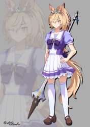  1girl absurdres alternate_costume animal_ears blonde_hair blue_eyes bow closed_eyes closed_mouth commentary english_commentary full_body grey_background hair_over_one_eye hairband hand_on_own_hip highres holding holding_polearm holding_weapon horse_ears horse_girl horse_tail ki2noko long_hair looking_at_viewer metal_hairband pleated_skirt polearm ponytail puffy_short_sleeves puffy_sleeves sailor_collar school_uniform shirt short_sleeves sigrid_de_l'azur skirt solo summer_uniform tail tracen_school_uniform umamusume weapon zenless_zone_zero 