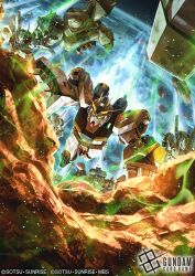  assault_visor aura axis_(gundam) char's_counterattack commentary_request copyright_logo copyright_name copyright_notice earth_(planet) earth_federation geara_doga glowing glowing_eyes green_eyes gundam gundam_card_game jegan light_particles logo mecha mobile_suit neo_zeon no_humans nu_gundam official_art planet robot science_fiction space thrusters toriyufu v-fin 