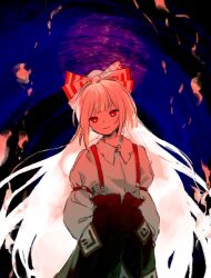  1girl bow collared_shirt commentary_request fire fujiwara_no_mokou hair_bow hands_in_pockets highres kaigen_1025 long_hair long_sleeves looking_at_viewer pants ponytail red_eyes shirt smile solo suspenders touhou very_long_hair white_hair 