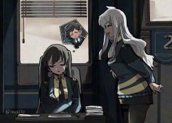  1boy 2girls :d arms_behind_back black_gloves black_hair black_necktie black_pantyhose black_skirt blue_jacket chibi chibi_inset closed_eyes cowboy_shot crossed_arms desk dot_nose facing_another gloves hand_on_own_head imaatto indoors isadora_(project_moon) jacket julia_(project_moon) leaning_forward library_of_ruina long_hair looking_to_the_side miniskirt mole mole_under_mouth multicolored_jacket multiple_girls necktie one_eye_closed open_mouth pantyhose paper_stack profile project_moon red_eyes san_(project_moon) shirt short_hair shoulder_boards sideways_glance sitting skirt smile speech_bubble spoken_character standing striped_clothes striped_jacket sweatdrop thought_bubble twintails twitter_username two-tone_jacket v-shaped_eyebrows white_hair window window_blinds yellow_jacket yellow_shirt zwei_association_south_uniform 