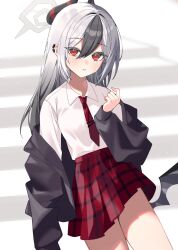  1girl black_hair black_horns black_jacket blue_archive collared_shirt commentary_request demon_horns demon_wings ear_piercing earclip grey_hair grey_halo hair_between_eyes halo hayami_kaname highres horns jacket kayoko_(blue_archive) long_hair long_sleeves looking_at_viewer low_wings multicolored_hair necktie parted_lips piercing plaid_clothes plaid_skirt pleated_skirt red_eyes red_necktie red_skirt shirt single_wing skirt solo stairs two-tone_hair white_hair white_shirt wings 