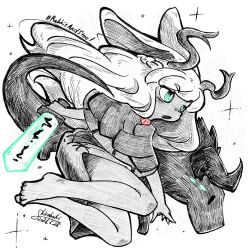  1girl ancient_rabbit animal_ears antlers barefoot blue_eyes commentary_request copyright_name dated dragon dress floppy_ears full_body greyscale holding holding_sword holding_weapon horns jackalope_girl jumping long_hair monochrome open_mouth rabbit_and_steel rabbit_ears shirabaki signature simple_background solo spot_color swept_bangs sword weapon 