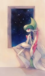  1other arm_blade cape colored_skin facing_to_the_side gallade green_hair highres indoors knee_up leaning_back looking_ahead mega_gallade mega_pokemon mohawk night pokemon pokemon_(creature) pokemon_focus red_eyes star_(sky) umi-be-to weapon white_cape white_skin wide_hips window windowsill 
