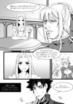  2girls bacteriagun comic emiya_kiritsugu fate/zero fate_(series) greyscale hara_tetsuo_(style) hokuto_no_ken irisviel_von_einzbern monochrome multiple_girls parody petting saber style_parody translated translation_request 