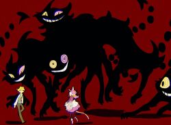  1boy 1girl aislan animal animal_ears black_cat black_jacket blonde_hair cat cat_ears cat_girl cat_tail colored_sclera deltarune dress flowery_(deltarune) friend_(deltarune) grin jacket jacket_on_shoulders mad_mew_mew mismatched_sclera oversized_animal pink_dress pink_hair pink_sclera red_background ringed_eyes shirt smile tail utdr_(toby_fox) white_shirt yellow_sclera 
