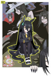  1boy 5girls absurdres ahoge animal_ears animalization bags_under_eyes black_coat black_gloves black_nails black_pantyhose black_ribbon black_skirt black_vest closed_mouth coat collared_shirt commentary_request crossed_bangs dog ear_ornament ear_tag earrings fingernails gloves hair_between_eyes hasshaku-sama hat hem_peeking_out highres horse_ears horse_girl hugging_own_legs jewelry knees_up koshou_shou_mitsu long_hair_between_eyes long_sleeves looking_at_viewer manhattan_cafe_(creeping_shadow)_(umamusume) manhattan_cafe_(umamusume) multicolored_hair multiple_girls nail_polish neck_ribbon necktie one_ear_down open_clothes open_coat pantyhose pleated_skirt red_skirt ribbon sharp_fingernails shirt short_hair single_earring skirt smile stitched_mouth stitches sunday_silence_(racehorse) suspender_skirt suspenders t-head_trainer_(umamusume) trainer_(umamusume) umamusume vest white_hair white_hat white_shirt wide_brim yellow_eyes yellow_necktie 