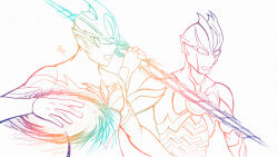  2boys absurdres alien artist_name asymmetrical_horns battywanderer color_timer colored_skin commentary compound_eyes crystal dorsal_fin energy_disk energy_spear english_commentary film_grain forehead_jewel gem giant giant_male glowing glowing_eyes hand_up highres holding holding_polearm holding_weapon horns in-franchise_crossover lineart looking_ahead male_focus multicolored_skin multiple_boys no_pupils pectorals polearm side-by-side simple_background spear tokusatsu toned toned_male ultra_series ultra_slash ultraman_arc ultraman_arc_(series) ultraman_blazar ultraman_blazar_(series) upper_body weapon white_background 