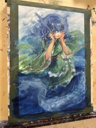  1girl absurdres blue_eyes blue_hair commentary_request drill_hair drill_sidelocks fins frilled_kimono frills full_body green_kimono hands_on_own_cheeks hands_on_own_face harikona head_fins highres japanese_clothes kimono long_sleeves looking_at_viewer merfolk mermaid monster_girl obi obijime open_mouth painting_(medium) photo_(medium) sash sidelocks smile solo touhou traditional_media wakasagihime watercolor_(medium) wide_sleeves 