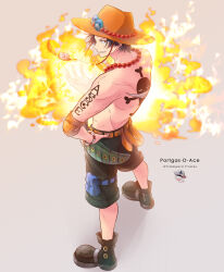  1boy arm_tattoo belt black_hair boots character_name commentary_request fire freckles full_body hat highres jewelry jolly_roger looking_back male_focus necklace nyuu_men one_piece orange_hat pearl_necklace portgas_d._ace short_hair simple_background smile solo tattoo topless_male whitebeard_pirates_jolly_roger 