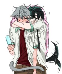  ! 2boys alien_stage anakt_arts_high_school_uniform_(fading_youth) animal_ears arms_around_neck black_eyes blush cat_boy cat_ears cat_tail commentary contrast_collar dog_boy dog_ears dog_tail food highres holding holding_food holding_popsicle hug hug_from_behind ivan_(alien_stage) ivantill1711 male_focus multiple_boys open_clothes open_shirt popsicle red_shirt school_uniform shirt sweat tail tail_wagging till_(alien_stage) white_shirt 