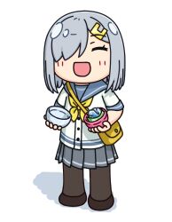  1girl black_pantyhose blue_eyes closed_eyes commentary_request facing_viewer gashapon grey_hair grey_sailor_collar grey_skirt hair_ornament hair_over_one_eye hairclip hama!_(3toshinhmkz) hamakaze_(kancolle) kantai_collection neckerchief no_nose open_mouth pantyhose pleated_skirt sailor_collar school_uniform serafuku short_hair simple_background skirt smile solo white_background yellow_neckerchief 