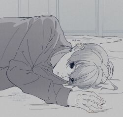  1boy blue_lock closed_mouth fingernails greyscale hair_between_eyes highres lying male_focus monochrome o148_zi on_bed on_side pajamas short_hair solo teeth translation_request upper_body watermark you_hiori 