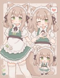  1girl :d ;d animal_ear_fluff animal_ears apron black_ribbon blush_stickers brown_hair chibi closed_mouth collared_shirt colon_br color_guide commentary_request crossed_bangs dress fang feet_out_of_frame fox_ears fox_girl fox_tail frilled_apron frilled_dress frills green_dress green_eyes hair_ribbon heart heart_hands highres long_hair looking_at_viewer maid maid_headdress neck_ribbon one_eye_closed open_mouth original outline outside_border pinafore_dress polka_dot polka_dot_background ribbon shirt short_dress short_sleeves sidelocks skin_fang sleeveless sleeveless_dress smile spoken_heart standing tail thigh-highs twintails twitter_username waist_apron white_apron white_background white_outline white_shirt white_thighhighs zettai_ryouiki 