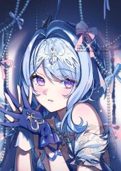  1girl bare_shoulders blue_gloves blue_hair blush bow commentary_request detached_sleeves genshin_impact gloves hair_ornament hands_up highres jewelry medium_hair odette_(genshin_impact) own_hands_clasped own_hands_together parted_lips pink_bow ring short_sleeves single_glove tsukimori_mochi upper_body violet_eyes 