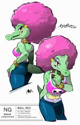  afro colored_skin crocodile crocodile_girl crocodilian crocodilian_tail donkey_kong_(series) donkey_kong_barrel_blast earrings fang fangs green_skin highres jewelry kalypso long_hair looking_at_viewer mu_(mu_963) pants pink_hair red_eyes reptile_girl shirt smile tail 