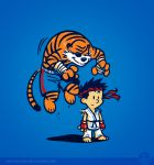  black_hair calvin calvin_&amp;_hobbes cosplay dougi eyepatch grin headband hobbes male pounce pun ryuu_(street_fighter) ryuu_(street_fighter)_(cosplay) sagat sagat_(cosplay) shirtless shorts smile street_fighter watermark web_address winterartwork 