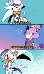  1boy 1girl ? ?? absurdres alternate_costume artist_name ascot blaze_the_cat blush cat_girl closed_eyes closed_mouth commentary dress english_commentary english_text forehead_jewel furry furry_female furry_male hat hedgehog_boy highres long_sleeves looking_at_another mask meme milk-addicc my_job_here_is_done_(meme) official_alternate_costume petals purple_dress silver_the_hedgehog smile sonic_(series) sonic_rumble top_hat white_ascot white_hat yellow_eyes 
