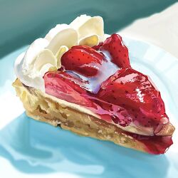  food food_focus fruit fruit_tart highres jam no_humans original plate strawberry tart_(food) tart_slice whipped_cream yasuta_kaii32i 
